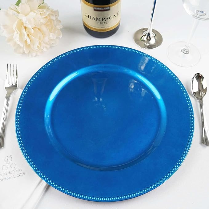 13" Charger Plates -Set of 12 - Acrylic Royal Blue Round Beaded Disposable Chargers, Ideal for Dinner Party Wedding Bulk Events Tabletop Decoration