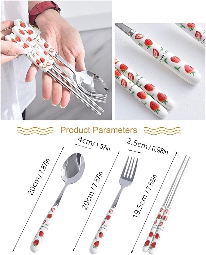 Silverware Set, Ceramic Handle Dinnerware Set Flatware Kitchen Accessories Camping Travel Sets Fork Spoon Portable Cutlery Sets with Case, Lemon Strawberry Watermelon Pineapple Fruit series