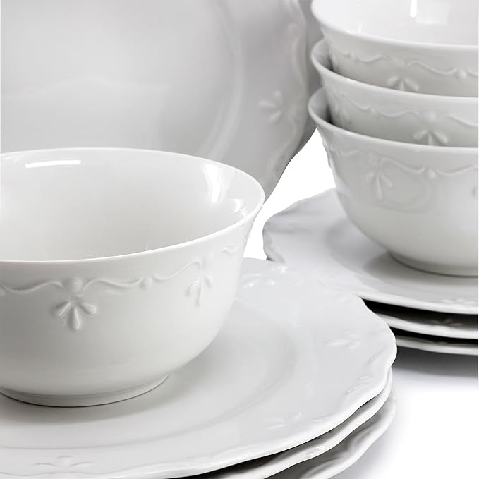 Elama Henryi 16 Piece Embossed Rim Detail Porcelain White Dinnerware Set, Tableware Set, Serveware (16 Piece)