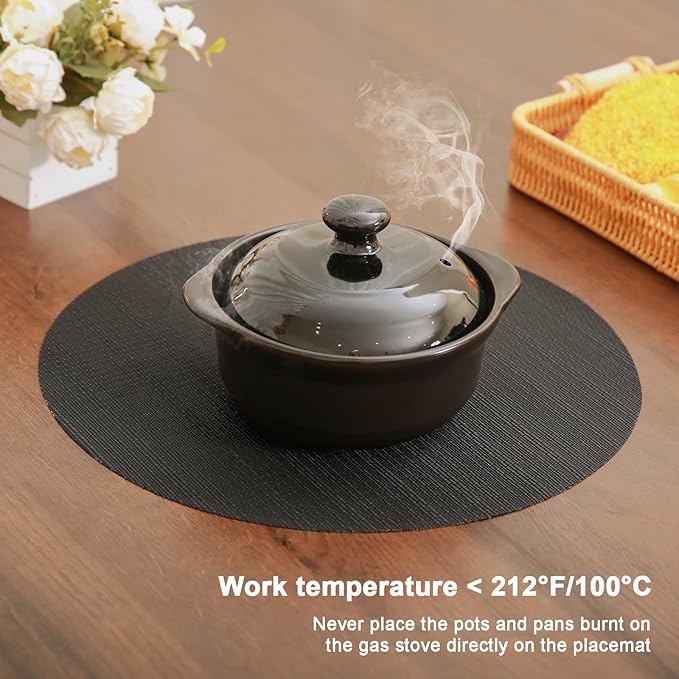 Round Placemats Set of 4 Heat Resistant Vinyl Placemats 15 inch Washable Non-Slip Table Mats Woven Place Mats for Dining Table (Black, Set of 4)