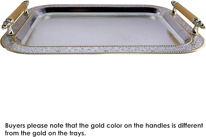 17.1 inch x 12.4 inch Rectangular Chrome Plated Silver Serving Tray with Handles Iron Gold Edge Engraved Decorative Wedding Dessert Buffet Wine Decor Platter Plate NC-147