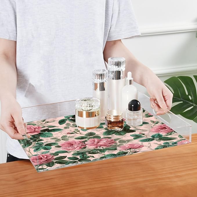 Serving Tray with Handles Clear Acrylic Tray 12x16 Inch Decorative Rectangular Tray Organizer for Ottoman Coffee Table Bathroom Pink Vintage Roses with Leaves