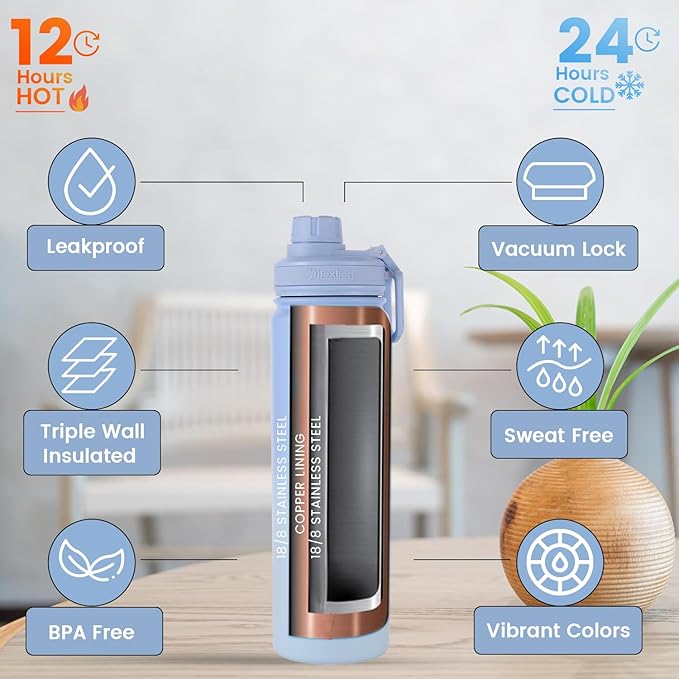 Lexlion Tea Infuser Water Bottle 22 Oz – Triple Wall Insulated Stainless Steel, Loose Leaf & Fruit Strainer, 3 Leakproof Lids, BPA-Free Silicone Sleeve, Reusable Thermal Mug