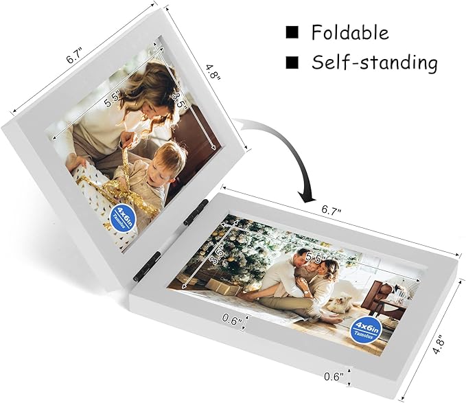 4x6 Double Hinged Picture Frame Folding Photo Frame Vertical and Horizontal in White Pine Wood with Real Glass for Tabletop P-BAI-SH46