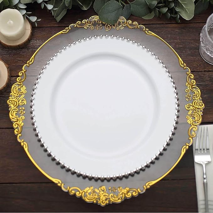 10" Dinner Plates - Set of 20 - Plastic White/Silver Round Disposable Plate Beaded Rim, Ideal for Decoration Party Wedding Bulk Events