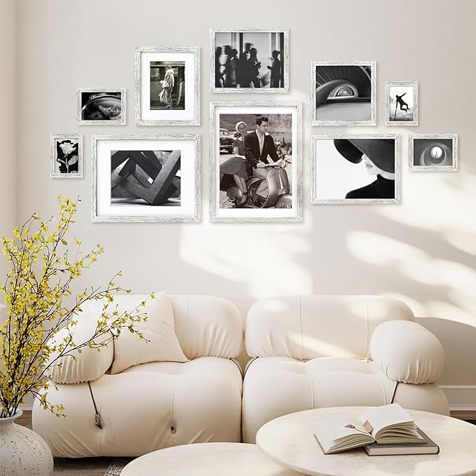 Egofine 12x16 Picture Frames Set of 4, Made of Solid Wood Covered by Plexiglass 9x12 and 11x14 with Mat or 12x16 without Mat, for Wall Mounting Photo Frame Driftwood White
