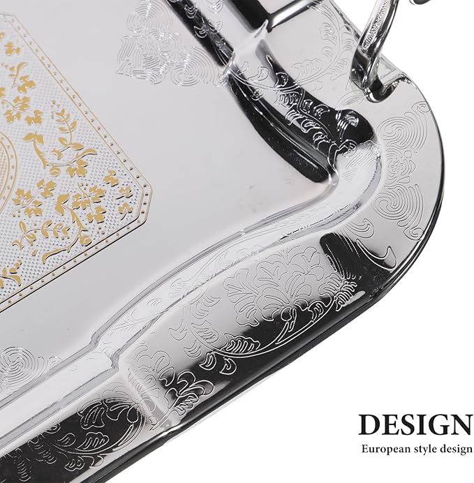 VOSAREA Stainless Steel Serving Tray Rectangular Metal Serving Tray Turkish Tea Coffee Handle Decorative Platter Antique Dining Fancy for Coffee Tea (11.79X8.45X1.89in)