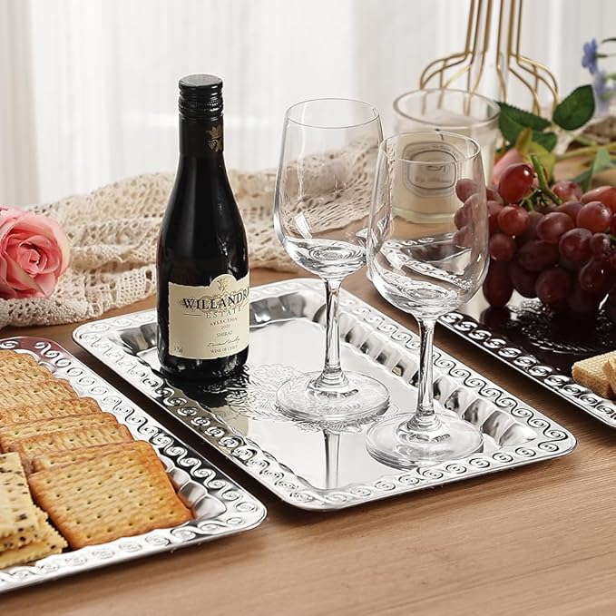 4-Pack Silver Serving Trays Set - ZENOVLUX Swirl Floral Engraved Mirror Decorative Tray, 13.8" x 8.7" Party Platters for Whiskey, Cookies, Charcuterie, Snacks, Desserts, Fruit, Party Food Display