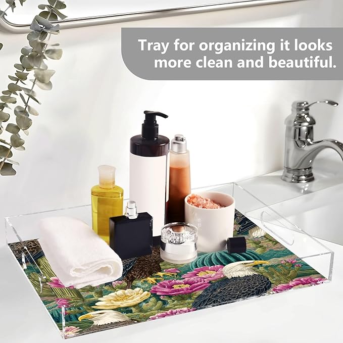 Serving Tray with Handles Clear Acrylic Tray 12x16 Inch Decorative Rectangular Tray Organizer for Ottoman Coffee Table Bathroom Green Bald Tagles and Cactus Flowers02