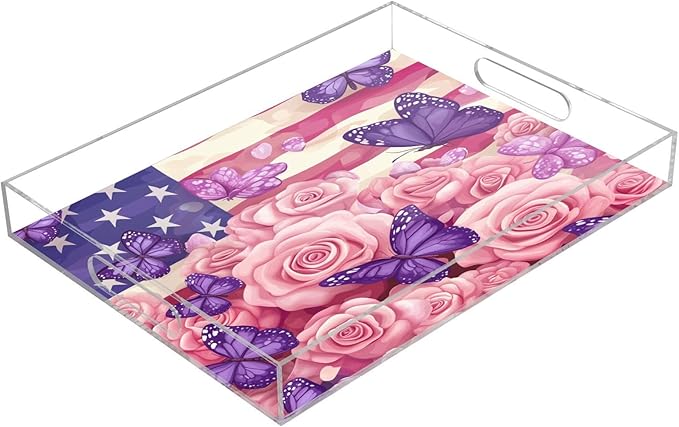 Serving Tray with Handles Clear Acrylic Tray 12x16 Inch Decorative Rectangular Tray Organizer for Ottoman Coffee Table Bathroom July 4th Pink Roses and Purple Butterflies