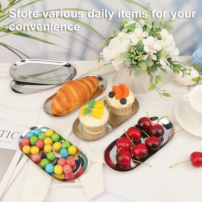 12 Pack 7 Inch Oval Stainless Steel Decorative Tray, Stainless Steel Tea Fruit Tray, 7 inch Silver Oval Trays for Bathroom Vanity, Jewelry, Perfume & Key Organizer (Silver)