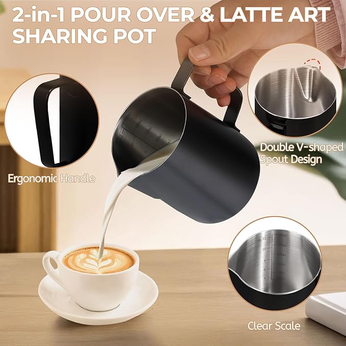 Uncoated Pour Over Coffee Maker 350ml Milk Frothing Pitcher 304 Thickened Stainless Steel Drip Coffeemaker Set with 50pcs V60 Cone Paper Filters Hand Brew Dripper Carafe for Home Camping Travel 12oz
