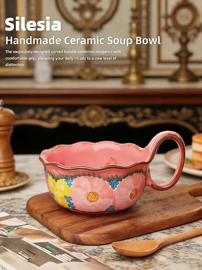 silesia Handmade Ceramic Soup Bowl, 30 oz Hand Painted Bowl with Loop Handle, Floral Design Cereal Bowl for Soup, Ice cream, Snack, Microwave & Dishwasher Safe (Glazed Pink)