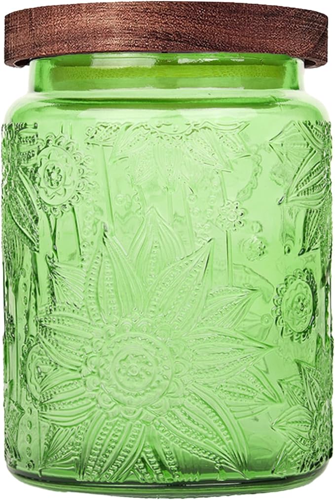 Glass Storage Jars With Airtight Lid, 23.7oz Canister For Kitchen Counter with Wooden Lid, brown sugar, candy, coffee, cookie, salt, tea,pantry cute Jar (Green, 23.7 floz)