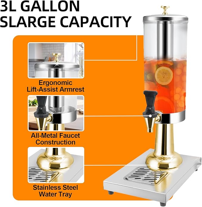 1 Gallon Commercial Beverage Dispenser with Centre Ice Core and Stand Drip Trays Stainless Steel Cold Drink Dispenser for Parties Pub Cafeteria Restaurant Home Hotel (gold, single head)