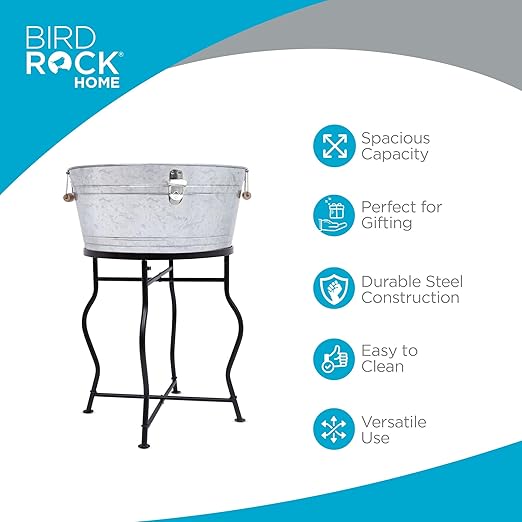 BirdRock Home Galvanized Beverage Tub with Stand | Bottle Opener | Party Drink Holder | Wooden Handles | Outdoor or Indoor Use | Free Standing