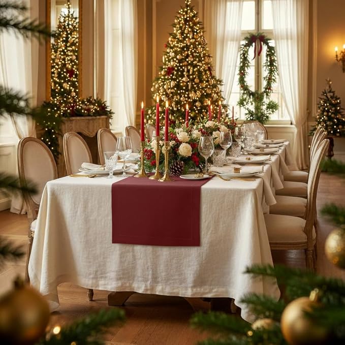 D'Moksha Homes Linen Dark Red Table Runner 108 Inches Long - 100% Pure Linen Dining Table Runner 14 x 108 Inch for Winter, Christmas, Holiday, New Year - Machine Washable