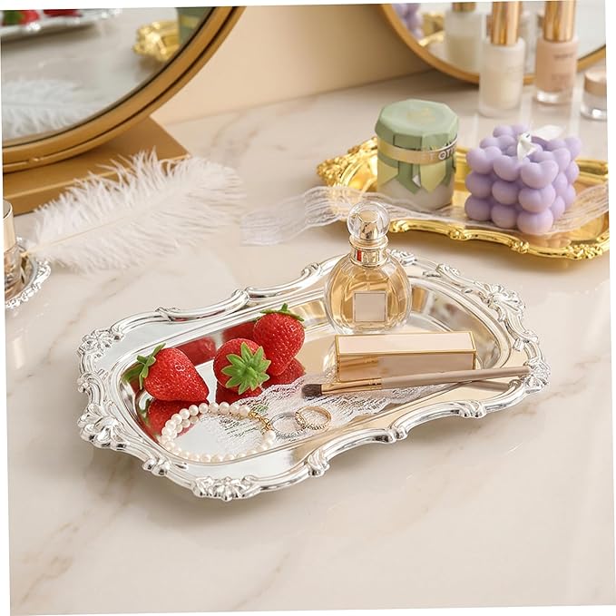 Metal Serving Tray, Silver Vintage Oval Vanity Tray for Jewelry, Perfume, Desserts & Snacks Display, Serving