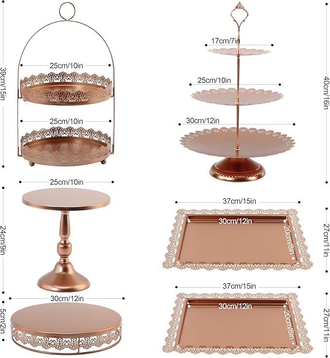 6 Pcs Rose Gold Cake Stands Set, QENUIITEA Cake Display Pedestal Tiered Cupcake Holder Dessert Plate Serving Tower Tray Decorative for Wedding Birthday Party Baby Shower Celebration