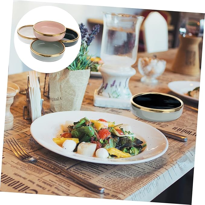 PRETYZOOM 4Pcs Ceramic Condiment Dishes Gold Trim Small Sauce Plates for Seasoning and Dipping Elegant Appetizer Bowls for Parties and Entertaining Random Color