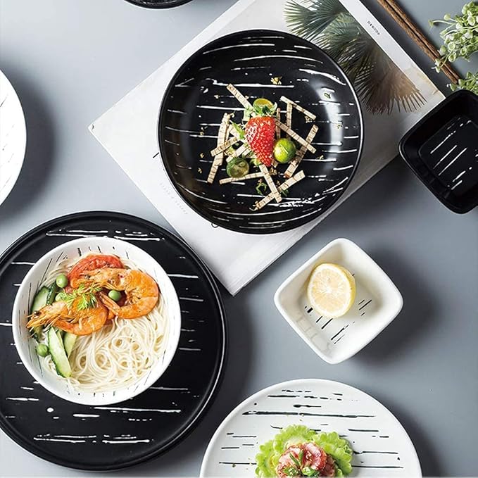 Stylish Dinner Plates,Ceramics Dinner Sets, 56 Pieces Porcelain Dinnerware Combination Set | Black and White Matte Plates and Cereals Bowls Sets for Family Gathering