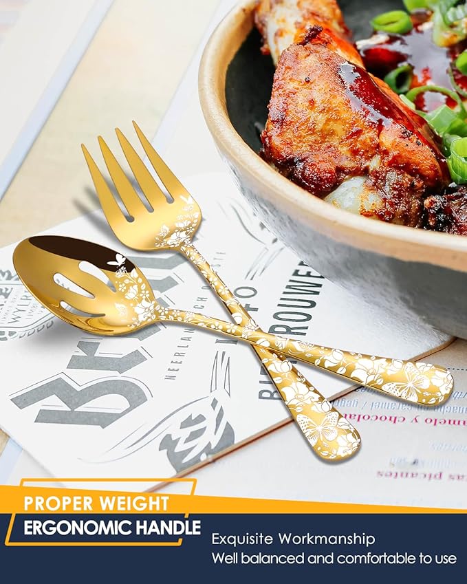 Stapava 77-Piece Gold Silverware Set for 12, Plus Steak Knife & Serving Set, Stainless Steel Flatware Cutlery Set, Mirror Eating Utensils Tableware with Butterfly Flower Laser, Dishwasher Safe