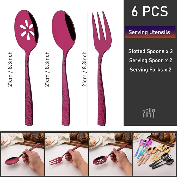 6 PCS Hammered Serving Utensils, Uniturcky Stainless Steel Serving Spoons Set, Square and Thick Hostess Serving Set, Includes 2 Serving Spoon 2 Serving Fork and 2 Slotted Spoon, Mirror Purple