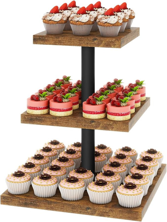 IBUYKE 3 Tier Cupcake Stand,Wood Durable Cupcake Tower,Square Serving Dessert Display Stand,Cupcake Tray Stand,Dessert Tree Tower for Christmas Birthday,Home Party, Wedding, Baby Shower,Rustic Brown UTLJ014H