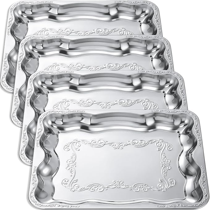 4 Pack Silver Serving Trays Set for Party, Butterfly Floral Silver Platter Engraved Mirror Tray, 15.8 x 11.6 Inches Elegant Metal Plate for Christmas Food Appetizer Cookies Desserts