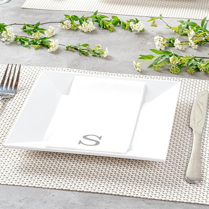 Luxenap 15.8 X 7.9 Inch Linen-Feel Guest Towels, 2000 Lettered Hand Towels - Silver Letter 'S', Sans Serif Font, White Paper Dinner Napkins, airlaid, For Restrooms And Tables - Restaurantware