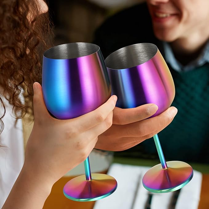 Lifecapido Stainless Steel Wine Glasses Set of 6, 18oz Colorful Stainless Steel Wine Goblets, Stemmed Metal Wine Glasses with Cup Brush for Party Office Wedding Anniversary, Great for Red White Wine