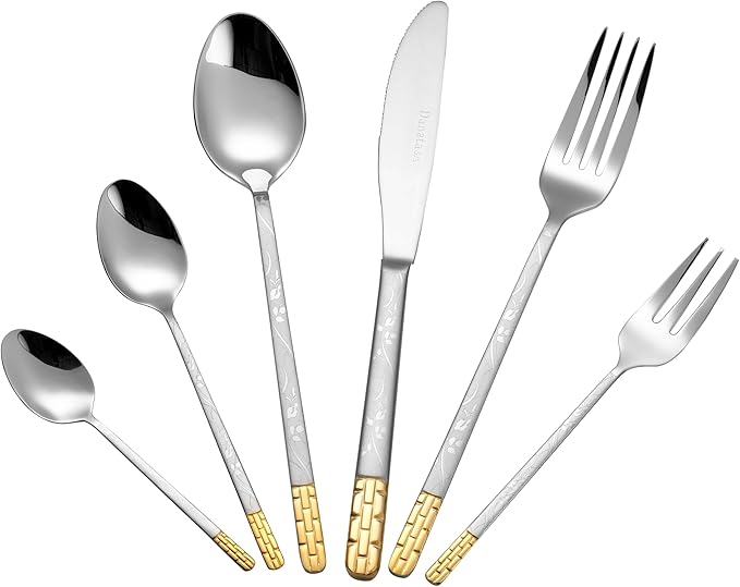 Lorren Home Trends 86 Piece 18/10 Stainless Steel and Gold Flatware Set, Service for 12, Chest included