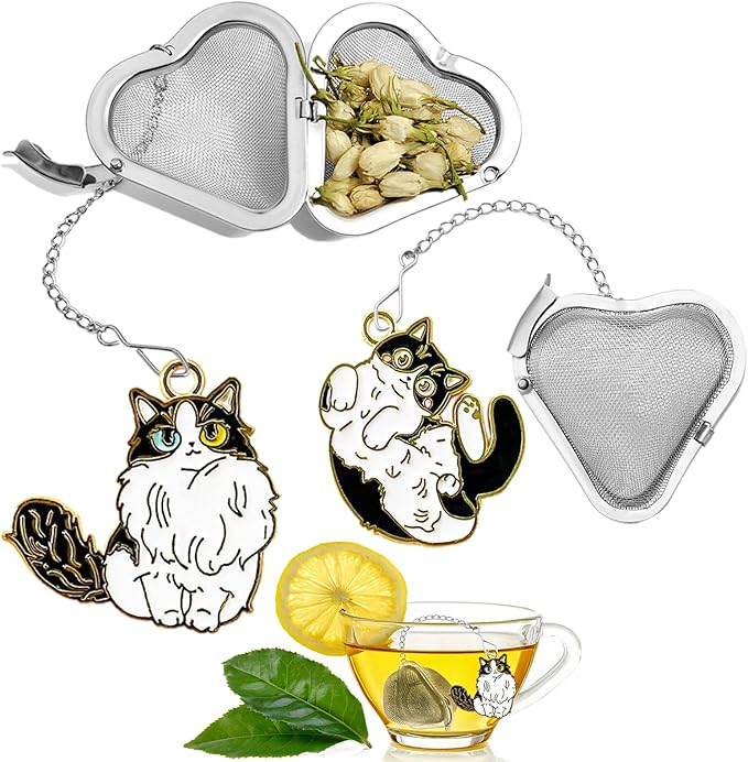 Tea infusers, loose tea strainer, Heart shaped tea ball + cute animal pendant, reusable tea steeper makes afternoon tea meaningful (2, cute cat)