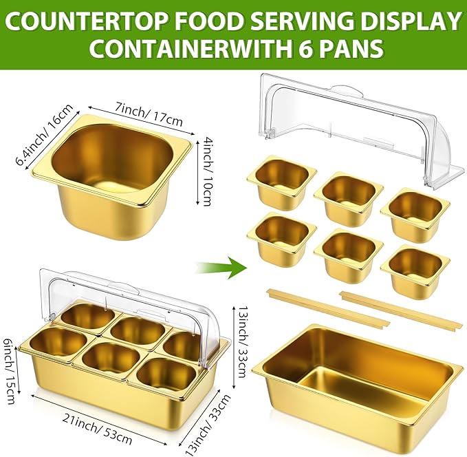 Countertop Food Serving Display Container Clear Roll Top Cover 6 Pan Stainless Steel Ice Food Buffet Server Salad Bar Pizza Topping Station Condiment Dispenser Restaurant Kitchen Party(Gold)