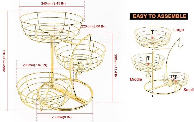 Livabber Fruit Basket Bowl with Banana Hanger, Fruit Vegetable Storage Basket with Banana Tree Holder for Kitchen Counter, Detachable Organizer for Bread Snack Produce (Gold, 3-Tier Metal Base)