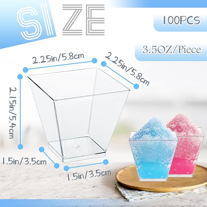 100 Pack 3.5 Oz Square Dessert Cups,Small Clear Square Plastic Tasting Cups,Disposable Square Clear Plastic Dessert Cups for Ice Cream,Candy,Salad,Jello,Appetizers,Mousse