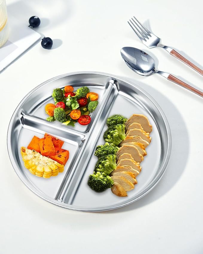 Stainless Steel Kids Plates 2 Packs, 9" Toddlers Divided Plates, Portion Control Plate for Bariatric Adults, Non Toxic Unbreakable Baby Dinner Dishes, 304 Metal Camping Food Tray