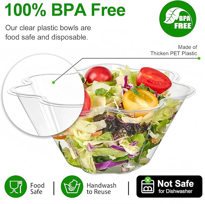 TOFLEN 17 Oz Clear Plastic Bowls for Parties, 50 Pack Flower Shaped Disposable Hard Plastic Party Bowls for Dessert, Ice Cream, Parfait, Fruit, Salad, Snack and More Cold Food