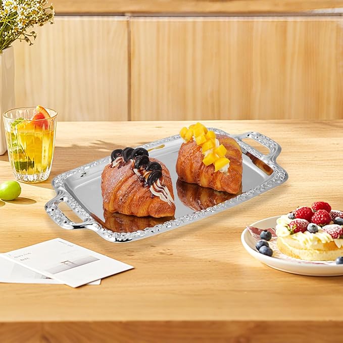 Housoutil Metal Serving Tray, Silver Large Rectangular Antique Serving Platter, European Retro Style Tray for Cookies, Charcuterie, Snacks, Desserts, Fruit, Party Food (39. 00x23. 00x1. 70cm)