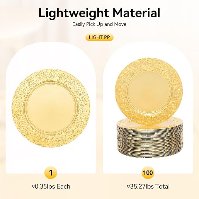 100 Pcs Antique Charger Plates 13 Inch Embossed Rim Plastic Decorative Round for Table Setting Wedding Party Event Tabletop Setting Decor (Gold)