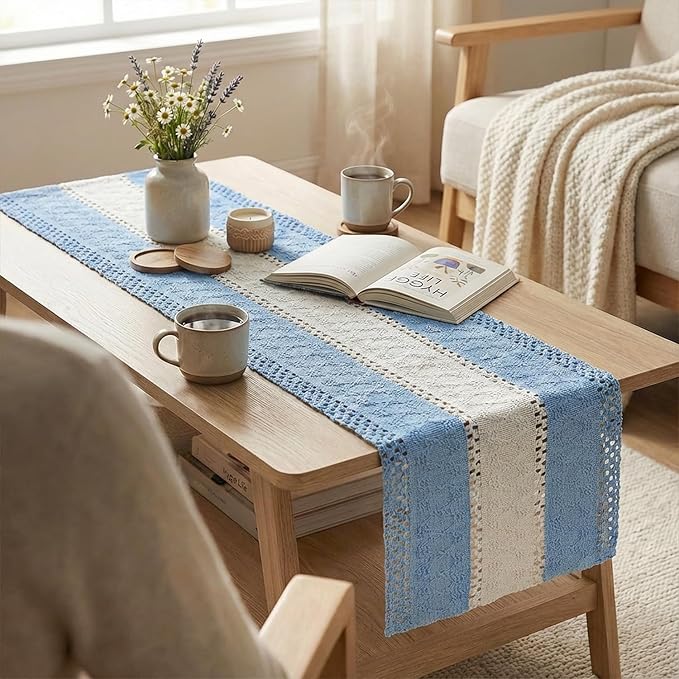 Artoid Mode Sky Blue Farmhouse Rustic Table Runner, Seasonal Hollow Kitchen Dining Table Decoration for Home Party Decor 12x120 Inch
