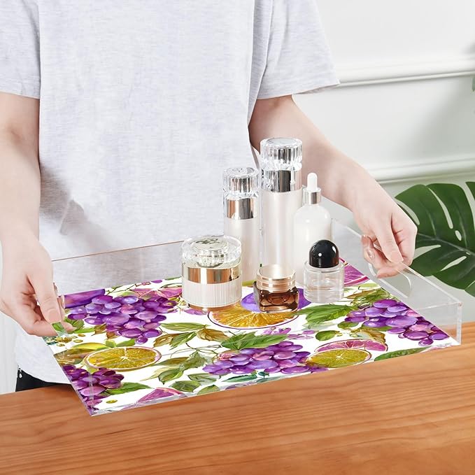 Serving Tray with Handles Clear Acrylic Tray 12x16 Inch Decorative Rectangular Tray Organizer for Ottoman Coffee Table Bathroom Purple Grapes with Leaves and Fig