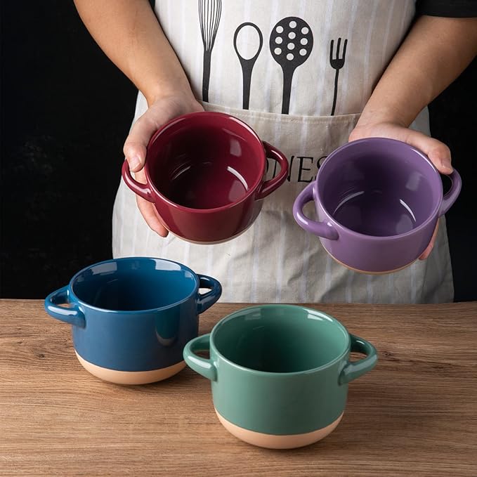 AmorArc 24 Ounces Soup Bowls with Large Handles and Lids, Stoneware Bowls Set of 2 for Soup, Cereal, Stew, Noodle, Colourful Ceramic Kitchen Bowls, Microwave&Dishwasher Safe, Green&Purple