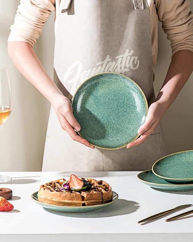 HENXFEN LEAD Dessert, Salad Plates 8 Inch, Porcelain Serving Dishes for Appetizers, Snacks, Pancakes - Kitchen Dinnerware Set Dishwasher, Microwave Safe - Reactive Green