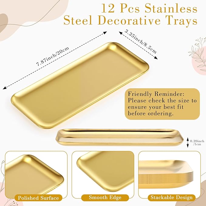 Vesici 12 Pcs 7.87 x 3.35 inches Small Gold Tray Bulk, Stainless Steel Rectangle Serving Trays Trinket Decorative Bathroom Tray for Vanity Jewelry Makeup Towel, Dish Plate Tea Fruit Storage Platter