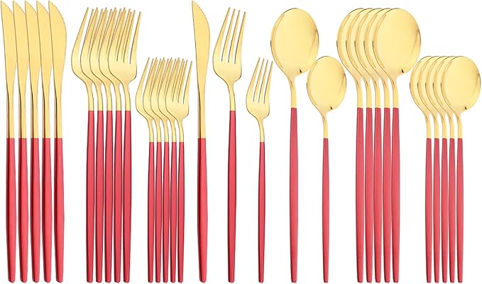 30-Piece Snplowum Mirror Flatware Serving Set, 18/0 Stainless Steel Dinnerware With Red Handle, Modern Durable Home Kitchen Eating Tableware Set Service For 6 (Red Gold)