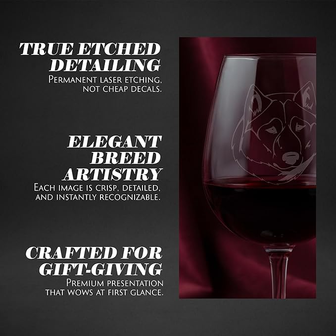 Etched Laser Art Personalized Dog Themed Etched Wine Glass - Custom Dog Breed Wine Glasses, Ideal for Pet Lovers, Unique & Personalized Birthday Gift for Men & Women - Sakhalin Husky, 12.75 oz