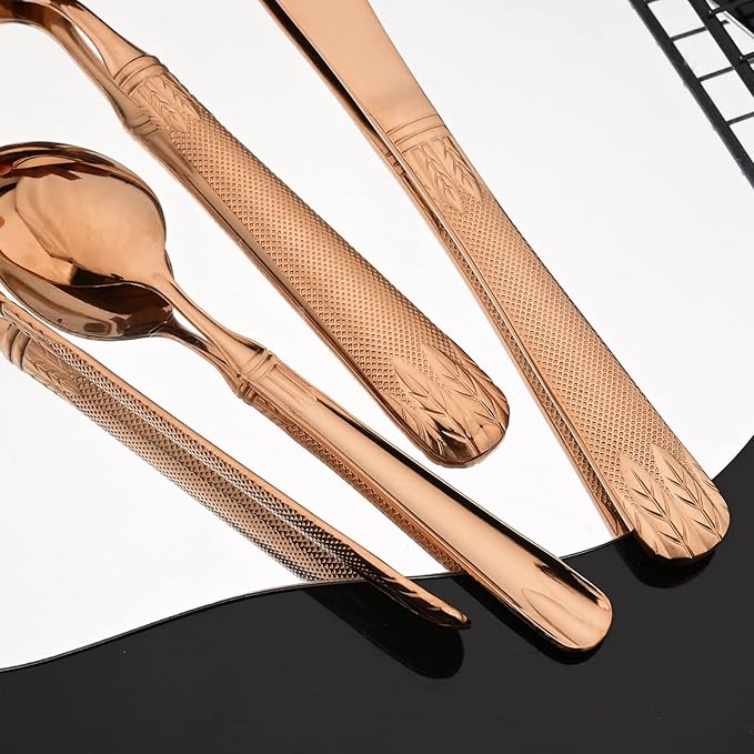 JASHII Copper 304 Stainless Steel Hammered Silverware Set with Wheat Spike Pattern, Modern Eating Tableware Flatware Set, Service for 6. Flat Handle, Dishwasher Safe - Shiny Rose Gold