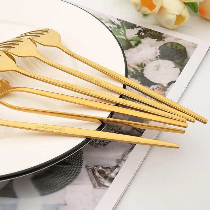 8 Piece Snplowum Flatware Set, 18/0 Stainless Steel Silverware For 2, Kitchen Wedding Gift Utensils For Couple Friend Home Daily Use, Travel Tableware Set, Mirror Gold