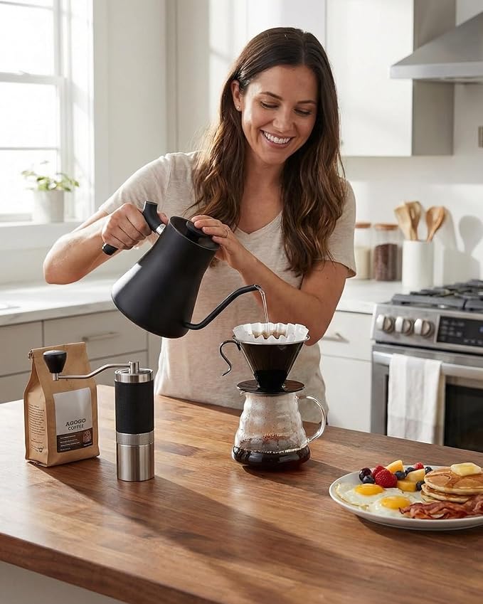 AGOGO Portable Pour Over Coffee Maker V60 Set - Easy Cleaning Compact 304 Stainless Steel Dripper for Camping & 50 Filters Paper & Cleaning Rag Black V60